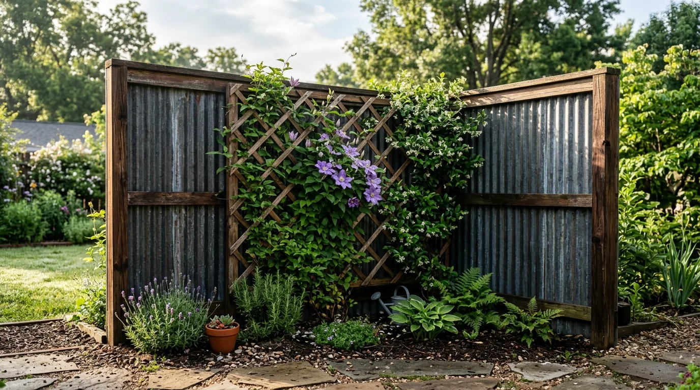 Backyard Corner With Sheet Metal Fence and Trellis